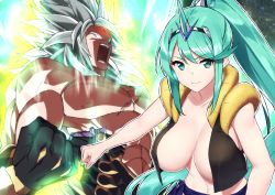 Rule 34 | &gt;:), 1boy, 1girl, absurdres, aqua eyes, aqua hair, aura, baffu, bare arms, bare shoulders, black gloves, black vest, breasts, broly (dragon ball super), broly (dragon ball z), cleavage, clenched hands, closed mouth, collarbone, cosplay, covered erect nipples, crossover, dragon ball, dragon ball (classic), dragon ball super, dragon ball super broly, forehead jewel, fusion, gloves, gogeta, gogeta (cosplay), hairband, high ponytail, highres, horns, jin (xenoblade), large breasts, legendary super saiyan, long hair, muscular, navel, nintendo, nipples, open clothes, open mouth, open vest, parody, pneuma (xenoblade), power connection, serious, shaded face, side ponytail, silhouette, silver hair, single horn, spiked hair, spoilers, stomach, super saiyan, teeth, topless male, trait connection, upper body, v-shaped eyebrows, very long hair, vest, xenoblade chronicles (series), xenoblade chronicles 2