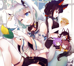 Rule 34 | 2girls, animal ear fluff, animal ears, bare arms, bare shoulders, black hair, black shirt, black shorts, blue eyes, braid, burger, character doll, character request, clock, commentary request, crop top, curtains, feet out of frame, food, fox ears, fox girl, fox tail, hair ribbon, highres, holding, holding food, hololive, indoors, inugami korone, knee up, long hair, multicolored hair, multiple girls, nekomata okayu, one eye closed, ookami mio, open mouth, oruyanke (shirakami fubuki), pennant, pentagram, red eyes, red hair, red ribbon, ribbon, sasurai susuki, shirakami fubuki, shirakami fubuki (1st costume), shirt, short shorts, shorts, sleeveless, sleeveless shirt, streaked hair, string of flags, sukonbu (shirakami fubuki), tail, very long hair, virtual youtuber, wall clock, window