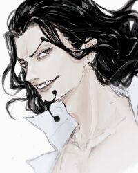 Rule 34 | 1boy, beard, black hair, eyelashes, facial hair, floating hair, goatee, highres, long hair, looking at viewer, male focus, one piece, rob lucci, shirt, sidelocks, simple background, smile, solo, upper body, v-shaped eyebrows, white background, white shirt, yl notsad