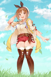 Rule 34 | 1girl, :d, atelier (series), atelier ryza, atelier ryza 1, belt, blue sky, breasts, brown eyes, brown hair, brown thighhighs, cleavage, cloud, commentary request, fumikiri, grass, hair ornament, hairclip, highres, jewelry, looking at viewer, medium breasts, navel, necklace, open mouth, red shorts, reisalin stout, short hair, short shorts, shorts, sky, smile, solo, standing, star (symbol), teeth, thighhighs, thighs, upper teeth only, white headwear, white thighhighs