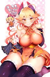 Rule 34 | 1girl, absurdres, ahoge, bare shoulders, black footwear, black gloves, blonde hair, blush, braid, breasts, bridal gauntlets, chibi, chibi inset, closed mouth, clothes lift, collarbone, curvy, dress, elbow gloves, fang, fingernails, frilled thighhighs, frills, gloves, groin, hair between eyes, hair flaps, halter dress, halterneck, hand on own chest, highres, horns, indie virtual youtuber, kuzu kow, large breasts, long hair, looking at viewer, low ponytail, nail polish, no panties, orange dress, pointy ears, short eyebrows, sideboob, sitting, skin fang, skin tight, skirt, skirt lift, smile, solo, thick eyebrows, thighhighs, twin braids, virtual youtuber, yuno kisen