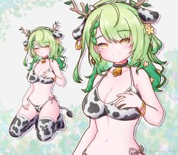 Rule 34 | 1girl, amamii-amii, animal ears, animal print, antlers, bare shoulders, bell, bikini, bracelet, breasts, ceres fauna, choker, collarbone, cow ears, cow horns, cow print, cow print bikini, earrings, flower, green hair, hair between eyes, hair flower, hair ornament, hairband, hand on own chest, heart, heart-shaped pupils, highres, hololive, hololive english, horns, jewelry, kneeling, long hair, looking at viewer, medium breasts, mole, mole under eye, navel, neck bell, print bikini, side-tie bikini bottom, smile, solo, swimsuit, symbol-shaped pupils, tail, thighhighs, virtual youtuber, yellow eyes