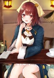 Rule 34 | 1girl, :d, ahoge, atelier (series), atelier sophie, bare legs, blue bow, blue coat, blurry, blush, bottle, bow, buttons, chair, coat, cup, depth of field, efuri (riarea00), feet out of frame, frilled shirt, frilled skirt, frills, hand up, head tilt, headdress, highres, indoors, jewelry, lamp, long sleeves, looking at viewer, miniskirt, necklace, open clothes, open coat, open mouth, paper, red eyes, red hair, saucer, shirt, short hair, sitting, skirt, smile, solo, sophie neuenmuller, table, teacup, thighs, underbust, white shirt, white skirt