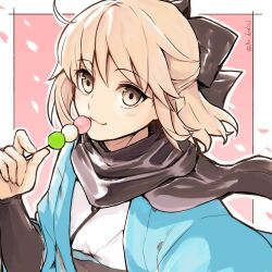 Rule 34 | 1girl, aruti, black bow, black scarf, blonde hair, blush, bow, closed mouth, commentary request, dango, fate/grand order, fate (series), floating hair, food, hair bow, half updo, haori, highres, holding, holding food, japanese clothes, kimono, koha-ace, looking at viewer, okita souji (fate), okita souji (koha-ace), scarf, shinsengumi, short hair, smile, solo, twitter username, wagashi, white kimono