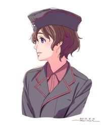 Rule 34 | 1girl, brown hair, character request, collared shirt, dated, girls und panzer, grey hat, grey jacket, hat, horikou, jacket, looking to the side, military, military hat, military uniform, one-hour drawing challenge, parted lips, profile, red shirt, shirt, short hair, signature, simple background, smile, solo, uniform, upper body, white background, wing collar