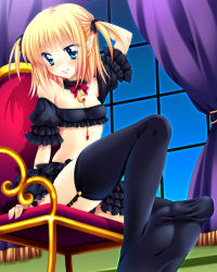 Rule 34 | 1girl, araiguma, bad id, bad pixiv id, black thighhighs, blonde hair, blue eyes, blush, breasts, chair, choker, crescent, curtains, dutch angle, fang, feet, foot focus, frilled skirt, frills, from below, garter straps, indoors, looking at viewer, original, panties, pantyshot, pointy ears, short twintails, sitting, skirt, small breasts, smile, solo, thighhighs, twintails, underwear, upskirt, vampire, window