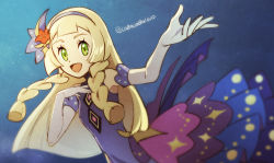 Rule 34 | 1girl, :d, blonde hair, blurry, braid, commentary, creatures (company), dress, elbow gloves, eyelashes, game freak, gloves, green eyes, hairband, lillie (anniversary 2021) (pokemon), lillie (pokemon), long hair, looking at viewer, momoji (lobolobo2010), multicolored clothes, multicolored dress, nintendo, official alternate costume, open mouth, pokemon, pokemon masters ex, sleeveless, sleeveless dress, smile, solo, twin braids, twitter username, white gloves