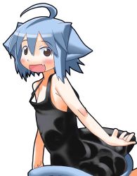 Rule 34 | 1girl, ahoge, androgynous, animal ears, bad id, bad tumblr id, bare shoulders, black dress, blue hair, blush, brown eyes, cat ears, cat tail, dress, fang, flat chest, looking at viewer, matsuda yuusuke, open mouth, original, short hair, smile, solo, tail