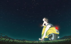 Rule 34 | 00s, 1girl, :o, ahoge, ass, back, bent over, bikini, bikini top only, blue eyes, denim, denim shorts, feet, flcl, from behind, grass, green eyes, haruhara haruko, high heels, highres, kneepits, legs, long hair, looking up, motor vehicle, mountain, night, night sky, nikerabi, open mouth, open shoes, outdoors, pink hair, ponytail, sandals, scooter, shoes, short shorts, shorts, sky, solo, star (sky), star (symbol), starry sky, swimsuit, vehicle, vespa, wallpaper