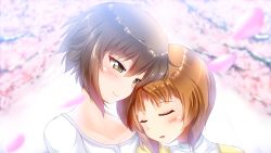 Rule 34 | 10s, 2girls, alternate costume, bright background, brown eyes, brown hair, casual, cherry blossoms, closed eyes, girls und panzer, highres, leaning on person, multiple girls, nishizumi maho, nishizumi miho, orange hair, petals, short hair, siblings, sisters, smile, tree, yottin