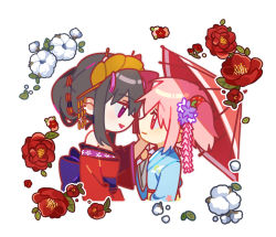 Rule 34 | 2girls, akemi homura, alternate costume, alternate hairstyle, back bow, bare shoulders, black hair, blue kimono, bow, camellia, chibi, closed mouth, cotton boll, cropped torso, eye contact, eyes visible through hair, face-to-face, flower, from side, hair bun, hair flower, hair ornament, hair ribbon, hair up, hairpin, half-closed eyes, hand on another&#039;s cheek, hand on another&#039;s face, hand up, headpiece, japanese clothes, jitome, kaname madoka, kimono, leaf, light smile, looking at another, mahou shoujo madoka magica, mahou shoujo madoka magica (anime), mamasna (mattna mmm), multiple girls, obi, off shoulder, outline, parted lips, pink eyes, pink hair, polka dot, profile, purple bow, purple eyes, purple flower, purple sash, red flower, red kimono, red outline, red ribbon, ribbon, sash, sidelocks, simple background, single hair bun, tassel, twintails, upper body, white background, white flower, white outline, yellow sash, yuri