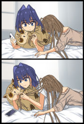 Rule 34 | animal-shaped pillow, bird, blue eyes, blue hair, brown hair, cellphone, comic, hair down, hair intakes, highres, hololive, hololive english, juno ox, long hair, lying, lying on person, multicolored hair, multiple girls, nanashi mumei, on bed, on stomach, ouro kronii, owl, phone, playing with another&#039;s hair, shirt, short hair, smartphone, streaked hair, stuffed animal, stuffed toy, virtual youtuber