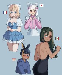 Rule 34 | 4girls, :3, ;), animal ears, apron, backless dress, backless outfit, black dress, black hair, blonde hair, blue dress, blue eyes, blue hoodie, blush, bow, breasts, cleavage, closed mouth, collarbone, commentary request, dress, egypt (kuroussa), egyptian flag, fake animal ears, france (kuroussa), french flag, frilled dress, frills, frown, green eyes, green hair, hair bow, hat, heterochromia, highres, hood, hoodie, jacket, japan (kuroussa), japanese flag, kuroussa, long hair, long sleeves, maid apron, medium breasts, mexican flag, mexico (kuroussa), multicolored hair, multiple girls, one eye closed, original, personification, pink bow, pink jacket, puffy short sleeves, puffy sleeves, rabbit ears, red eyes, short hair, short sleeves, smile, streaked hair, white bow, white hat, zipper