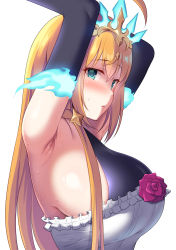 Rule 34 | 1girl, armpits, arms up, blue eyes, blue fire, blush, breasts, earrings, elbow gloves, fire, flower, from side, gloves, highres, jewelry, large breasts, long hair, orange hair, pecorine (overload) (princess connect!), pecorine (princess connect!), princess connect!, sideboob, simple background, sweat, tiara, white background, yue (show-ei)