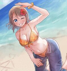 1girl arm_up beach bikini bikini_day blue_eyes blue_pants blush breasts cleavage collarbone flower grey_hair hair_flower hair_ornament hashtag-only_commentary highres kiryu_(sora_no_iroto) looking_at_viewer love_live! love_live!_sunshine!! medium_breasts navel one_eye_closed orange_bikini pants scrunchie short_hair smile solo stomach swept_bangs swimsuit upper_body watanabe_you wet wrist_scrunchie