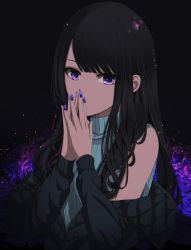 Rule 34 | 1girl, absurdres, alternate hairstyle, bare shoulders, black hair, commentary request, floral background, highres, idolmaster, idolmaster shiny colors, jacket, kazano hiori, long hair, nail polish, open clothes, open jacket, own hands together, purple eyes, purple nails, ryouta (ryouta335)