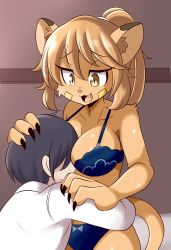Rule 34 | 1boy, 1girl, :3, absurdres, animal ears, ass, bra, breasts, cat ears, cat tail, curvy, face to breasts, fang, furry, goya (lucyfer), hetero, highres, hug, large breasts, long hair, looking at another, lucyfer, nail polish, navel, original, panties, ponytail, shiny clothes, simple background, smile, tail, underwear, wide hips
