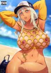 Rule 34 | armpits, arms behind head, arms up, artist logo, artist name, baseball cap, beach, blonde hair, blurry, blurry background, bottomless, breasts, breasts apart, collarbone, detached sleeves, fishnet top, fishnets, flower tattoo, green eyes, groin, hat, highres, huge breasts, lens flare, lips, looking at viewer, navel, nipples, ohdax, outdoors, palm tree, parted lips, rinalia kuo, shore, smile, sparkle, stomach tattoo, super robot wars, super robot wars dd, tattoo, teeth, thighs, tree