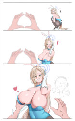 Rule 34 | !, 1girl, ?, absurdres, animal ears, asuna (blue archive), bare shoulders, black pantyhose, blonde hair, blue archive, blue bow, blue bowtie, blue eyes, blue leotard, blue ribbon, blurry, blurry foreground, bow, bowtie, breasts, cleavage, collarbone, comic, deep skin, depth of field, detached collar, doodle sensei (blue archive), eyes visible through hair, fake animal ears, gloves, grabbing, grabbing another&#039;s breast, grabbing another's breast, grin, guided breast grab, guiding hand, hair over one eye, hair ribbon, halo, hand in own hair, hand up, heart, high heels, highres, huge breasts, leotard, long hair, looking at viewer, mole, mole on breast, notice lines, open mouth, pang (daty8882), pantyhose, playboy bunny, pov, pov hands, rabbit ears, rabbit tail, ribbon, sensei (blue archive), smile, solo focus, squatting, strapless, strapless leotard, tail, very long hair, white gloves, you&#039;re doing it wrong