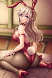 Rule 34 | 10s, 1girl, absurdres, alisa ilinichina amiella, animal ears, arm strap, ass, back-seamed legwear, bare shoulders, bed, blue eyes, blurry, blush, bow, bowtie, breasts, brown pantyhose, closed mouth, depth of field, detached collar, fake animal ears, god eater, hairband, high heels, highres, large breasts, leotard, long hair, looking at viewer, looking back, looking to the side, on bed, pantyhose, playboy bunny, rabbit ears, rabbit tail, red bow, red bowtie, red footwear, red leotard, seamed legwear, see-through, see-through legwear, shoes, sideboob, silver hair, sitting, smile, solo, tail, wariza, watanuki kaname, wrist cuffs