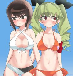 Rule 34 | 10s, 2girls, alternate costume, anchovy (girls und panzer), anchovy (girls und panzer), arm behind back, armband, arms at sides, bare arms, bare shoulders, bikini, black ribbon, blue background, blush, breasts, brown eyes, brown hair, cleavage, cleavage cutout, clothing cutout, collarbone, cowboy shot, criss-cross halter, drill hair, eisu (eith), embarrassed, female focus, front-tie top, girls und panzer, green hair, groin, hair between eyes, hair ribbon, halterneck, large breasts, long hair, looking away, looking down, looking to the side, looking up, lowleg, lowleg bikini, medium breasts, midriff, multiple girls, navel, neck, nishizumi maho, orange bikini, red eyes, ribbon, short hair, shy, stomach, sweat, swimsuit, twin drills, twintails, white background, white bikini, yuri