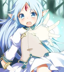 Rule 34 | 1girl, alice soft, bad id, bad pixiv id, blue eyes, blue hair, dress, elf, forehead jewel, forest, highres, jewelry, kalar (race), knife, long hair, long sleeves, matching hair/eyes, miotama, nature, open mouth, panties, pantyshot, pointy ears, puffy sleeves, rance (series), rance quest, reset kalar, ring, smile, solo, teeth, underwear