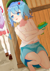 Rule 34 | 2girls, animal ears, bare shoulders, blue skirt, blush, breasts, brown footwear, cleavage, collarbone, commentary request, covering privates, covering breasts, eyelashes, furrowed brow, hair bobbles, hair ornament, hiding, highres, holding, holding water gun, ino cent, kawashiro nitori, kneepits, large breasts, light purple hair, loafers, looking to the side, medium hair, miniskirt, multiple girls, navel, open mouth, pink skirt, pleated skirt, rabbit ears, reisen udongein inaba, shirt, shoes, short sleeves, sitting, skirt, socks, standing, stomach, sweatdrop, tank top, thighs, touhou, water gun, wet, wet clothes, wet shirt, white legwear, white shirt, white tank top, wooden wall