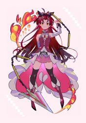 Rule 34 | 1girl, absurdres, antenna hair, arms behind back, bare shoulders, black bow, black thighhighs, blush, boots, bow, detached sleeves, female focus, fire, full body, hair bow, highres, knee boots, light smile, long hair, looking at viewer, magical girl, mahou shoujo madoka magica, mahou shoujo madoka magica (anime), pink skirt, polearm, red eyes, red footwear, red hair, red vest, sakura kyoko, skirt, smile, solo, soul gem, standing, thighhighs, thighs, vest, waist cape, weapon, white background, white sleeves, yooki (winter cakes)