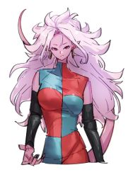 Rule 34 | 1girl, android 21, black nails, checkered clothes, checkered dress, closed mouth, colored skin, dragon ball, dragon ball fighterz, dress, earrings, fingernails, hoop earrings, jewelry, kemachiku, long hair, looking at viewer, majin android 21, nail polish, pink hair, pink skin, pointy ears, red eyes, simple background, smile, solo, tail, white background