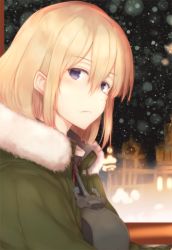 Rule 34 | 1girl, anchor symbol, armor, bismarck (kancolle), blonde hair, blue eyes, blush, breastplate, breasts, city lights, cityscape, closed mouth, coat, from side, fur-trimmed coat, fur trim, green coat, hair between eyes, indoors, kantai collection, large breasts, long hair, looking at viewer, military, military uniform, night, night sky, osterei, portrait, sidelocks, sky, snow, snowing, solo, uniform, window
