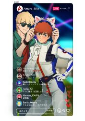 2boys amuro_ray animal_ears blonde_hair blue_eyes bright_noa brown_hair cat_ears char&#039;s_counterattack char_aznable ekomozzarella embarrassed green_jacket gundam haman_karn hand_on_own_hip hathaway_noa highres jacket judau_ashta kamille_bidan multiple_boys red_shirt sayla_mass shirt smile tiktok_live