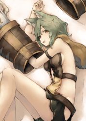 Rule 34 | 10s, 1girl, armband, backless outfit, bad id, bad twitter id, black skirt, blush, breasts, brown eyes, claws, erune, fang, granblue fantasy, green hair, hair between eyes, highres, koretsuki aduma, long legs, lying, medium breasts, miniskirt, on side, open mouth, revealing clothes, sen (granblue fantasy), sideboob, skirt, smile, solo, wavy hair