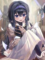 Rule 34 | 1girl, bags under eyes, black hair, black pantyhose, black undershirt, blue archive, blue eyes, blush, book, bookshelf, brown cardigan, cardigan, commentary, crossed bangs, flying paper, hair between eyes, hairband, highres, holding, holding book, jewelry, long hair, long skirt, long sleeves, looking at viewer, necklace, on floor, open mouth, pantyhose, paper, pleated skirt, purple hairband, sitting, skirt, slippers, solo, syeoa, teeth, ui (blue archive), upper teeth only, very long hair, white skirt