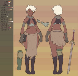 Rule 34 | 1girl, bad id, bad pixiv id, bandages, belt, belt pouch, boots, breasts, brown footwear, character sheet, color guide, dark skin, earrings, fantasy, flat color, gloves, highres, jewelry, knee boots, knee pads, legs, loincloth, long legs, midriff, multiple views, navel, norasuko, original, pouch, ramona (the prey), scar, short hair, sideboob, single thighhigh, sword, the prey (norasuko), thighhighs, unfinished, weapon, white hair, wide hips, yellow eyes