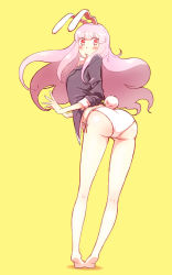 Rule 34 | 1girl, animal ears, ass, bad id, bad pixiv id, bare legs, barefoot, blazer, blunt bangs, blush, breasts, collared shirt, from behind, highres, jacket, long hair, looking at viewer, looking back, medium breasts, non (z-art), open mouth, panties, pink hair, rabbit ears, rabbit girl, rabbit tail, red eyes, reisen udongein inaba, shirt, side-tie panties, simple background, solo, standing, tail, touhou, underwear, white panties, yellow background