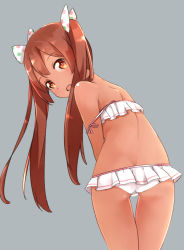 Rule 34 | 10s, 1girl, :o, alternate costume, ass, bare arms, bare shoulders, bikini, brown hair, butt crack, comah, dark skin, dark-skinned female, fang, flat ass, frilled bikini, frills, from behind, grey background, hair ribbon, kantai collection, libeccio (kancolle), long hair, looking at viewer, looking back, open mouth, polka dot, polka dot ribbon, red eyes, red hair, ribbon, shoulder blades, simple background, solo, standing, strap slip, swimsuit, thigh gap, twintails, white bikini