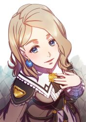 Rule 34 | 1girl, aduti momoyama, blonde hair, blue eyes, breasts, center frills, earrings, eyelashes, fingernails, fire emblem, fire emblem: three houses, fire emblem warriors: three hopes, frills, from above, hand on own chest, hand up, highres, jewelry, looking to the side, medium breasts, medium hair, mercedes von martritz, nintendo, open mouth, pink lips, smile, solo, turtleneck