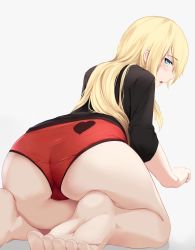 Rule 34 | 10s, 1girl, ass, barefoot, black shirt, blonde hair, blush, commentary, feet, from behind, hair between eyes, heart, heart print, highres, kneeling, long hair, looking at viewer, looking back, mengo, new game!, no pants, open mouth, panties, profile, red panties, shirt, simple background, soles, solo, toes, underwear, yagami kou