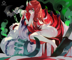Rule 34 | 1girl, 1other, ass, back, bandages, barefoot, blood, blush, cleaver, eyepatch, grandia lee, green eyes, green nails, highres, holding, holding weapon, horns, long hair, nail polish, nude, open mouth, original, pointy ears, red hair, sickle, sitting, teeth, very long hair, wariza, weapon