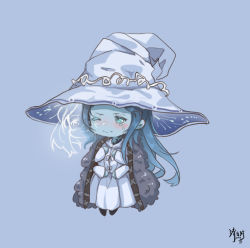 Rule 34 | 1girl, blue background, blue hair, blue skin, blush, cloak, closed mouth, colored skin, crying, dress, elden ring, extra arms, extra faces, full body, fur cloak, hat, large hat, long hair, long sleeves, looking at viewer, m xy, miniature ranni, one eye closed, ranni the witch, signature, simple background, solo, tearing up, tears, very long hair, white dress, witch hat