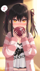Rule 34 | 1girl, :d, blurry, blurry background, blush, box, brown hair, commentary request, depth of field, eighth note, fang, gift, gift box, hair between eyes, hair ribbon, hands up, heart-shaped box, highres, holding, holding gift, hood, hood down, hooded jacket, jacket, long hair, long sleeves, looking at viewer, minamura haruki, musical note, nose blush, open clothes, open jacket, open mouth, orange eyes, original, red ribbon, ribbon, shirt, sleeves past wrists, smile, solo, spoken musical note, striped clothes, striped jacket, twintails, upper body, valentine, white shirt