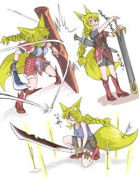 Rule 34 | 1girl, :d, absurdres, animal ears, armor, arrow (projectile), blonde hair, boots, braid, commentary request, doitsuken, fang, faulds, fox ears, fox tail, hair between eyes, hair over one eye, hands on hilt, highres, holding, holding shield, holding weapon, knee boots, long hair, multiple views, one eye covered, on one knee, open mouth, original, parted lips, red eyes, scabbard, scimitar, sheath, shield, single braid, smile, sword, tail, two-handed, weapon