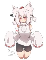 Rule 34 | 1girl, absurdres, animal ear fluff, animal ears, bike shorts, black shorts, closed mouth, detached sleeves, hair between eyes, highres, idaten93, inubashiri momiji, long sleeves, looking at viewer, pom pom (clothes), red eyes, shirt, short hair, shorts, simple background, solo, touhou, white background, white hair, white shirt, white sleeves, wolf ears, wolf girl