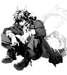 Rule 34 | 1boy, arknights, black hair, boots, cigarette, dragon boy, dragon horns, dragon tail, full body, gloves, greyscale, highres, horns, lee (arknights), looking at viewer, male focus, monochrome, pointy ears, simple background, sitting, solo, sora (sora1019), sunglasses, tail, white background, white gloves