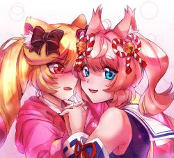 Rule 34 | 2girls, ahoge, animal ear fluff, animal ears, bell, blonde hair, blue eyes, blue shirt, blush, bow, bubble, cat ears, cat girl, commentary request, detached sleeves, drill hair, hair bell, hair bow, hair ornament, highres, holding hands, hood, hooded jacket, howan (show by rock!!), interlocked fingers, jacket, long hair, looking at another, looking at viewer, mashima himeko (show by rock!!), medium hair, multicolored hair, multiple girls, open mouth, pink hair, red eyes, school uniform, shirt, short@twitter, show by rock!!, simple background, sparkle, teeth, upper body, upper teeth only, very long hair, white hair, wolf ears, wolf girl, yuri