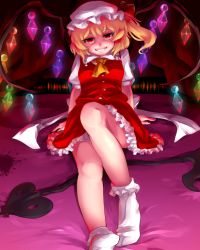 Rule 34 | 1girl, arm support, ascot, bad id, bad pixiv id, blonde hair, bobby socks, flandre scarlet, frilled skirt, frills, grin, hat, hat ribbon, highres, laevatein, leaning back, legs, legs together, looking at viewer, maina (kazumi3), mob cap, naughty face, on bed, puffy short sleeves, puffy sleeves, red eyes, red skirt, ribbon, shirt, short sleeves, side ponytail, sitting, skirt, skirt set, smile, socks, solo, stain, touhou, vest, white shirt, wings