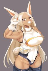 Rule 34 | 1girl, animal ears, black thighhighs, boku no hero academia, breasts, commentary request, cowboy shot, dark-skinned female, dark skin, gloves, grey background, grin, highres, large breasts, leotard, lets0020, long hair, looking at viewer, mirko, muscular, muscular female, orange eyes, rabbit ears, rabbit girl, rabbit tail, salute, simple background, smile, solo, tail, thighhighs, white gloves, white hair, white leotard