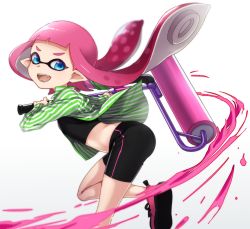 Rule 34 | 1girl, ass, bike shorts, black shirt, black shorts, blue eyes, blunt bangs, collared shirt, commentary, fangs, from side, green shirt, holding, holding weapon, inkling, inkling girl, inkling player character, leaning forward, leg up, long hair, looking at viewer, midriff, nintendo, no socks, open clothes, open mouth, open shirt, paint splatter, pink footwear, pink hair, pointy ears, shirt, shoes, shorts, single vertical stripe, smile, sneakers, solo, splat roller (splatoon), splatoon (series), splatoon 1, standing, standing on one leg, striped clothes, striped shirt, takeko spla, tentacle hair, vertical-striped clothes, vertical-striped shirt, weapon