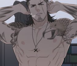 Rule 34 | 10s, 1boy, bara, final fantasy, final fantasy xv, gladiolus amicitia, looking at viewer, male focus, msucle, nipples, pectorals, pov, solo focus, tattoo, undressing