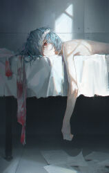 Rule 34 | 1girl, ayanami rei, bandage over one eye, bandages, blood, bloody bandages, blue eyes, blush, commentary, completely nude, covered mouth, dino (dinoartforame), highres, indoors, looking at viewer, looking to the side, lying, neon genesis evangelion, nude, on stomach, one eye covered, papers, red eyes, solo